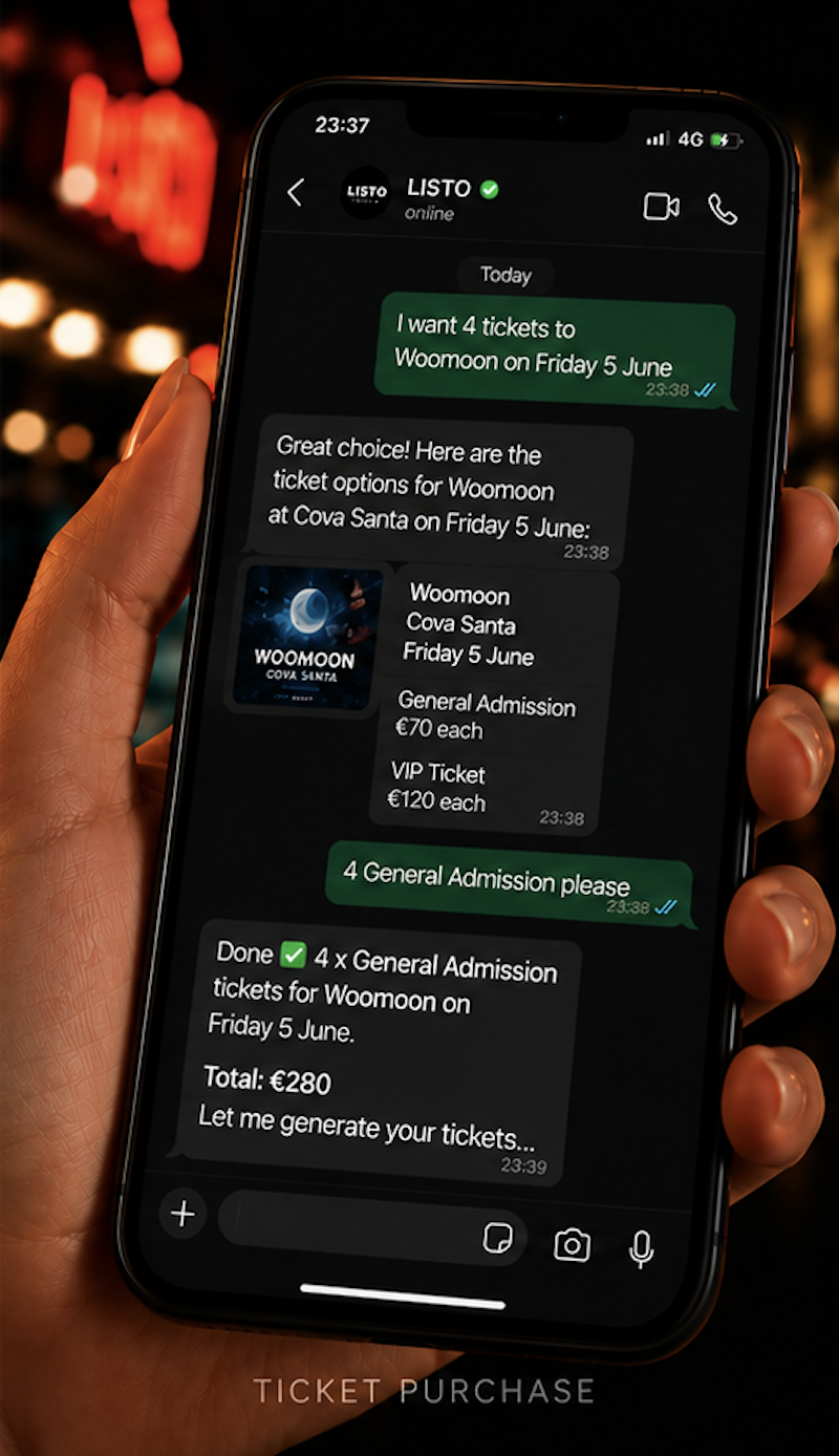 LISTO chat — ticket purchase via WhatsApp