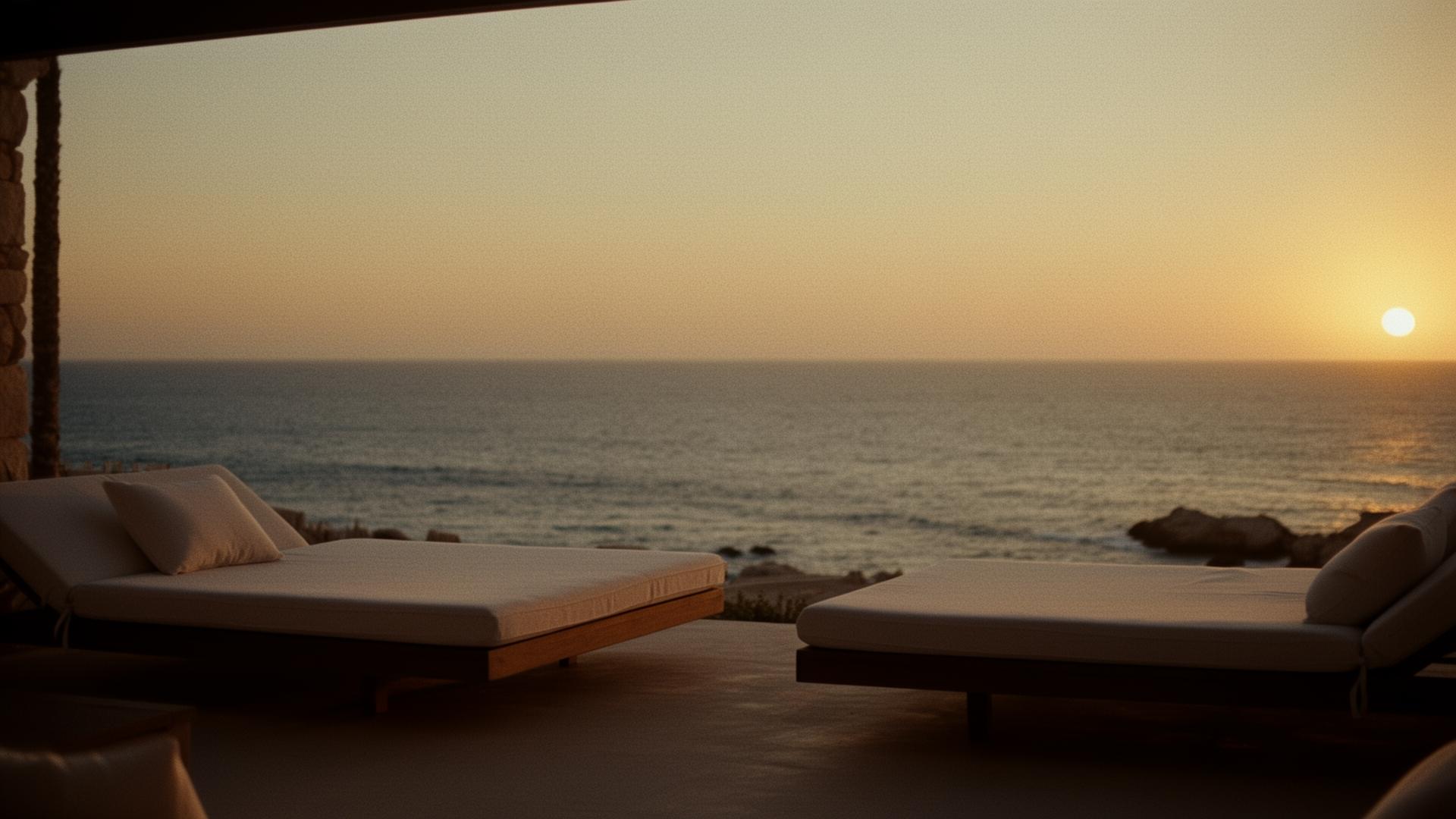 Empty linen daybeds on an Ibiza beach club terrace at golden hour
